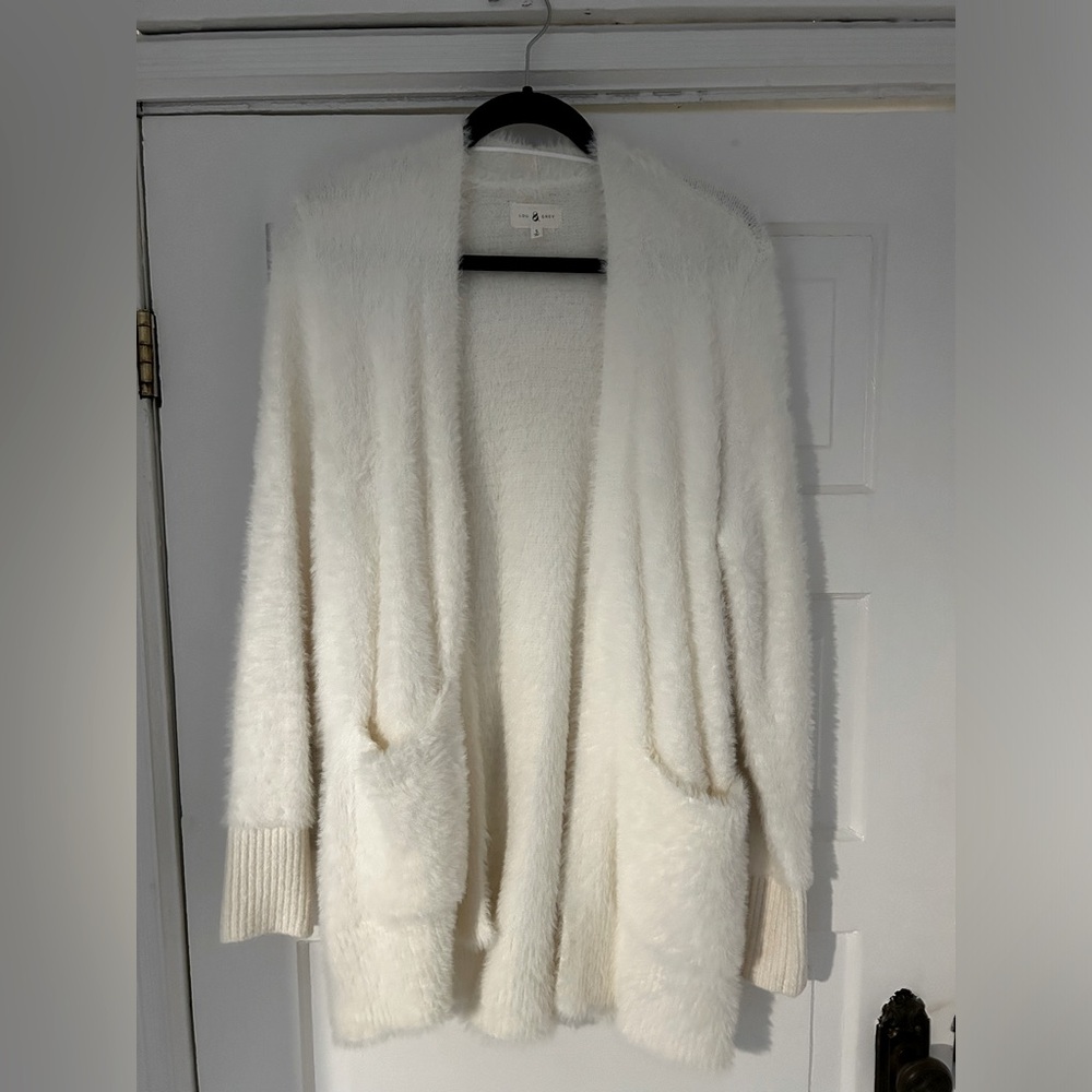 White Fuzzy Open-Front Longline Cardigan Sweater